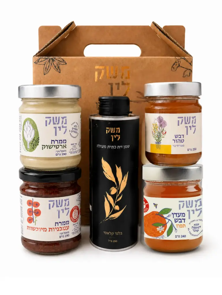 [26225148] המארז של דודה אסתר (דבש טהור+מעדן דבש תפוז+ממרח עגבניות+ממרח ארטישוק)